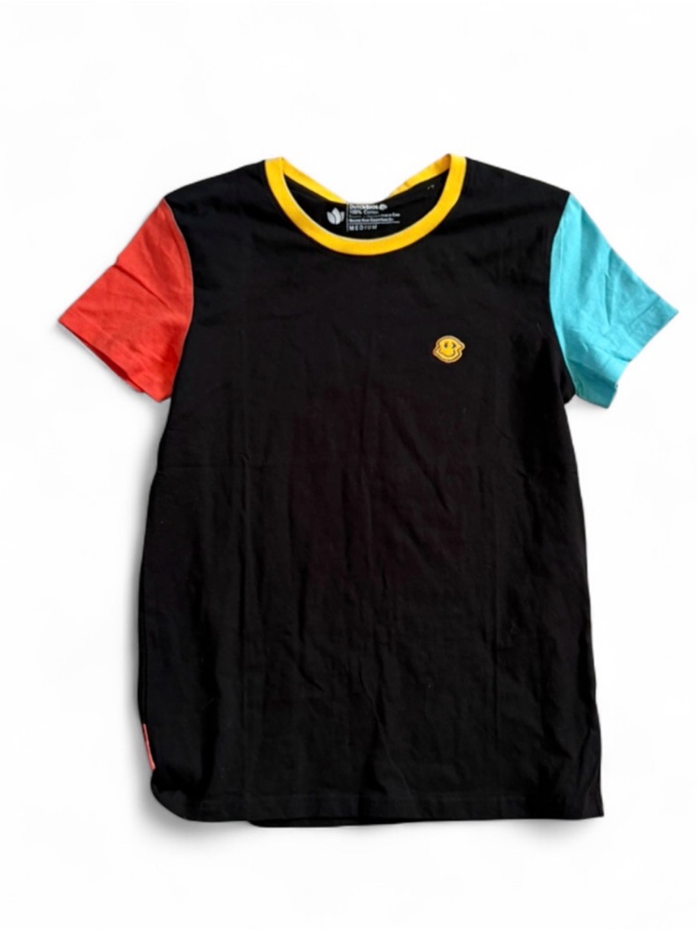 Dutch Bros Black Tee with Red & Teal Sleeves and Yellow Trim